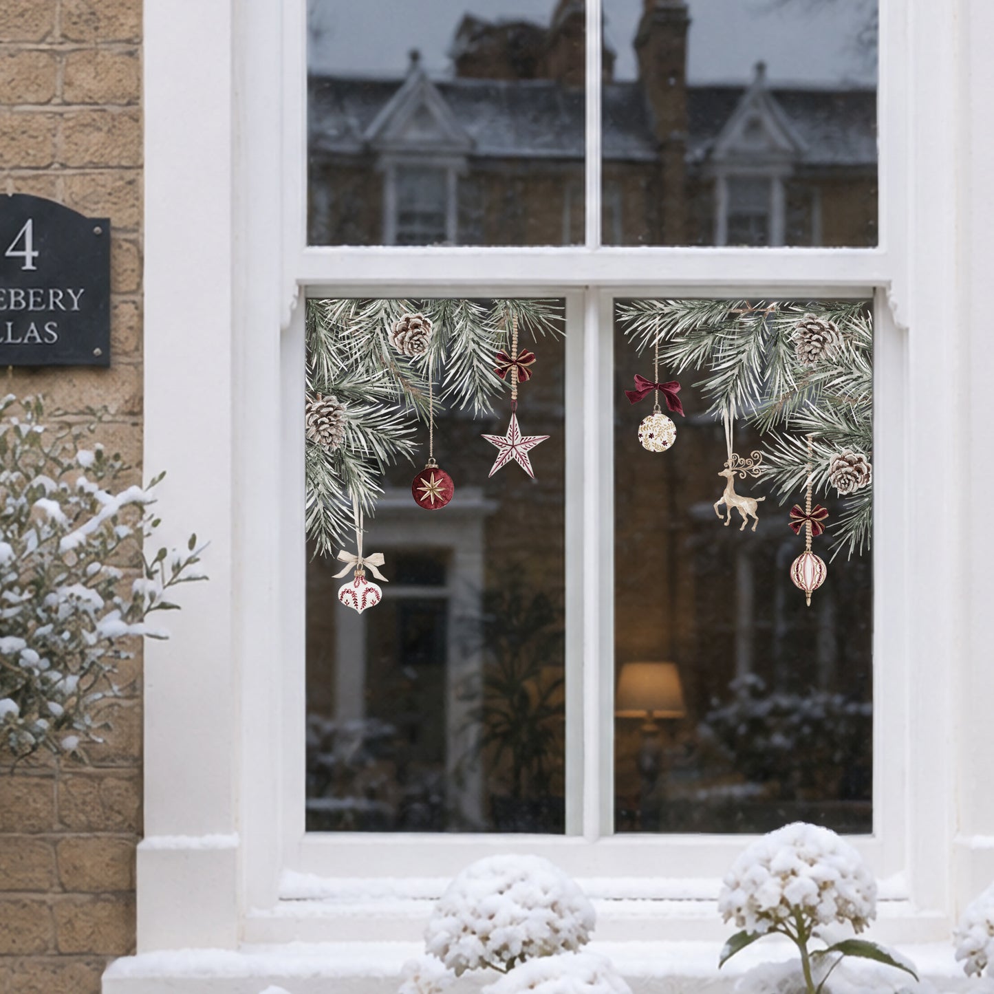 2x Burgundy Baubles + Pine Corner Window Clings - Reusable Decor for Christmas (Copy)
