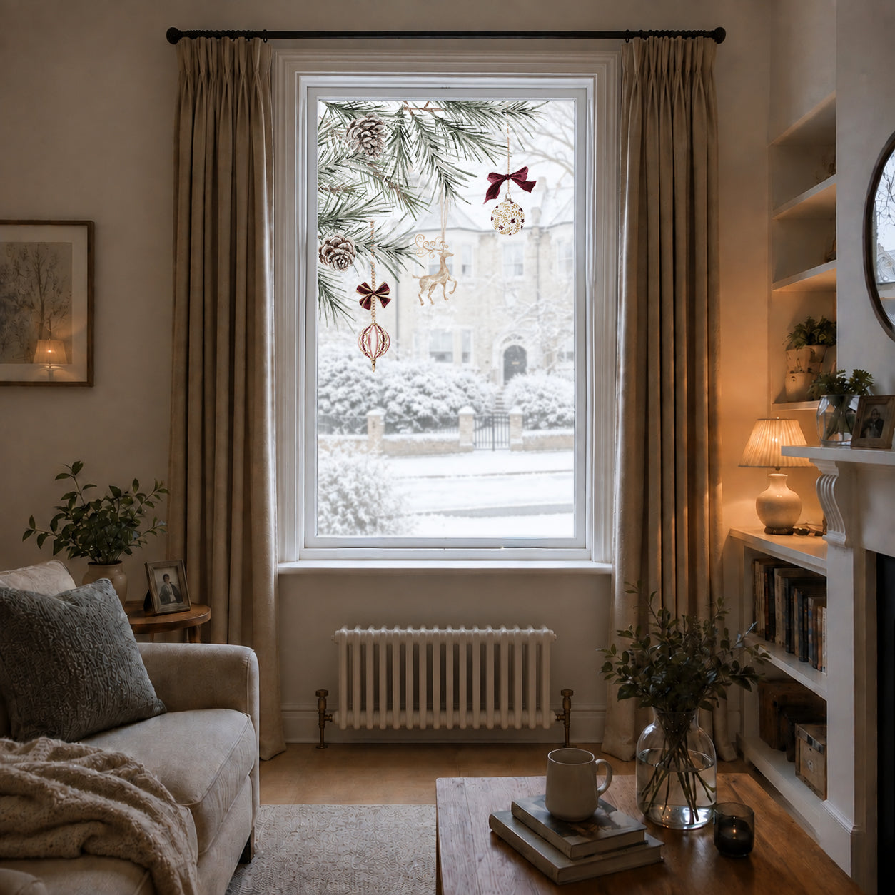 2x Burgundy Baubles + Pine Corner Window Clings - Reusable Decor for Christmas (Copy)