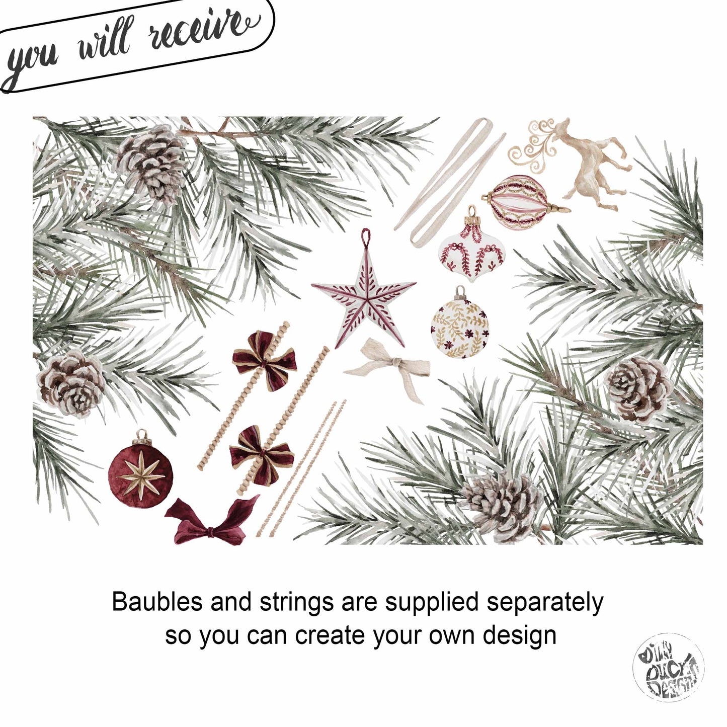 2x Burgundy Baubles + Pine Corner Window Clings - Reusable Decor for Christmas (Copy)