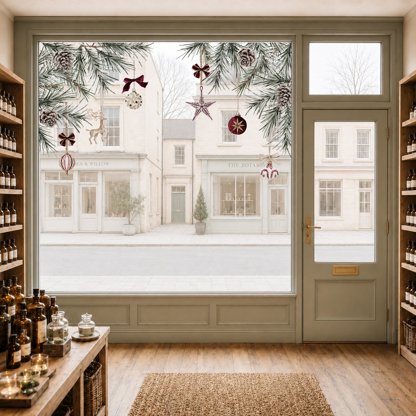 2x Burgundy Baubles + Pine Corner Window Clings - Reusable Decor for Christmas (Copy)