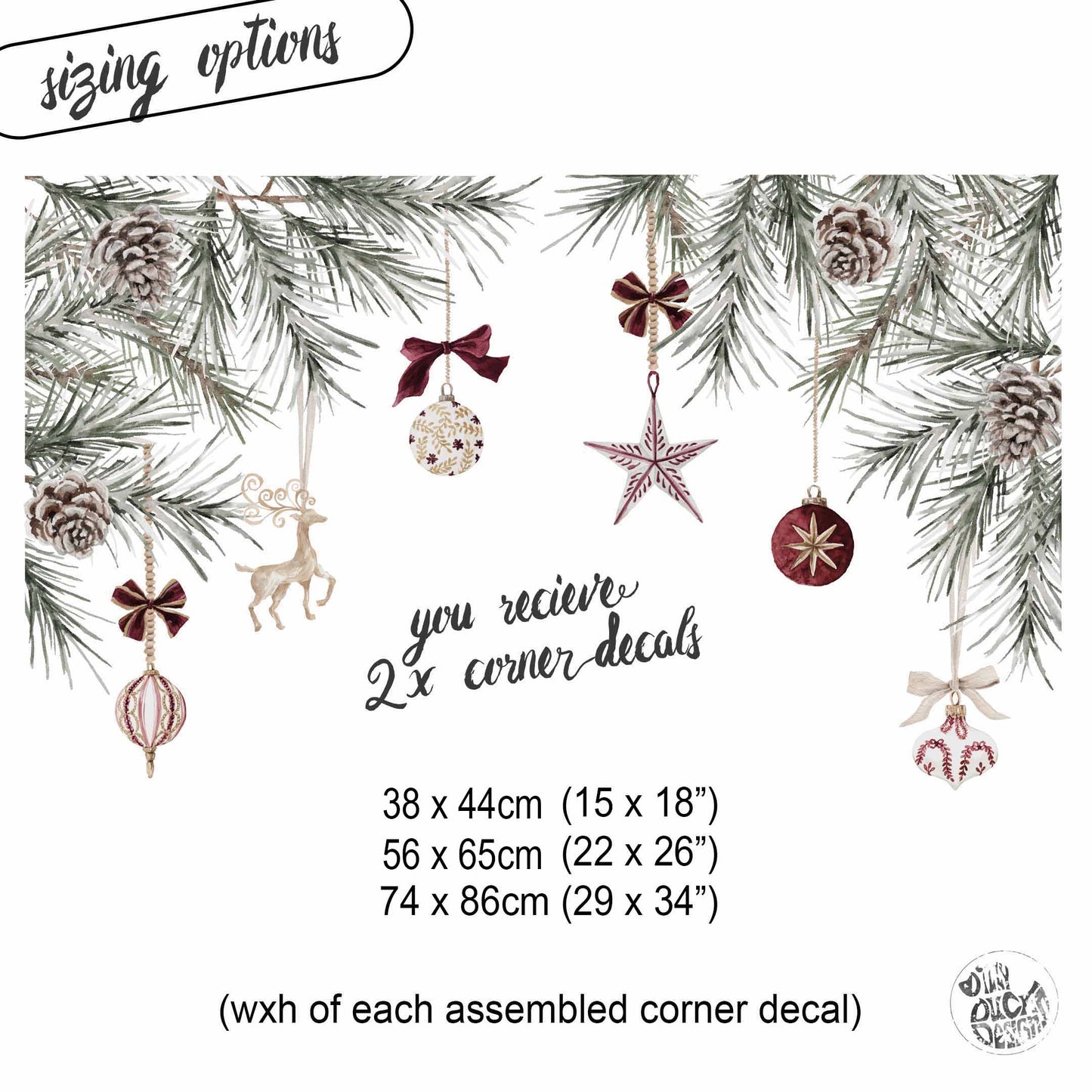 2x Burgundy Baubles + Pine Corner Window Clings - Reusable Decor for Christmas (Copy)