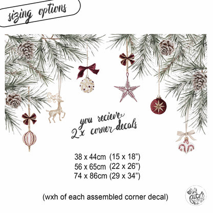 2x Burgundy Baubles + Pine Corner Window Clings - Reusable Decor for Christmas (Copy)