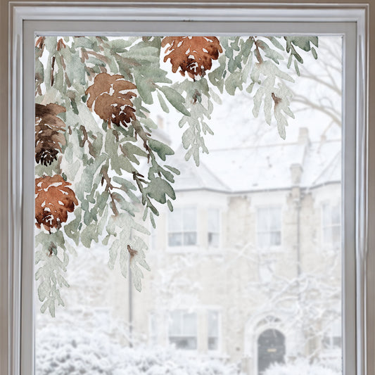2x Watercolour Pine Corner Window Decor - Reusable Clings for Christmas