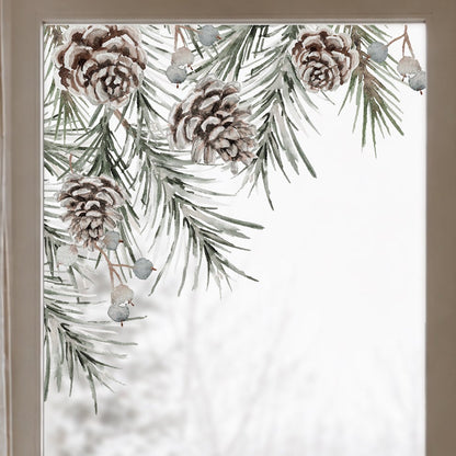 2x Frosty Pine Corner Window Decor - Reusable Clings for Christmas