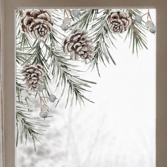 2x Frosty Pine Corner Window Decor - Reusable Clings for Christmas