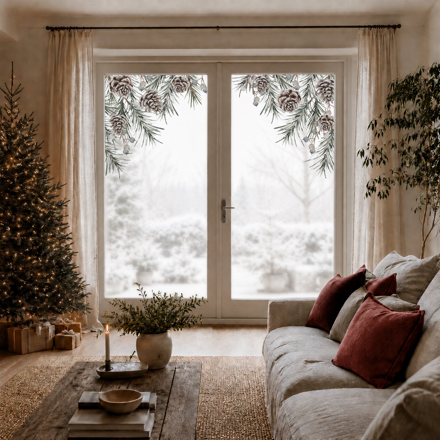 2x Frosty Pine Corner Window Decor - Reusable Clings for Christmas