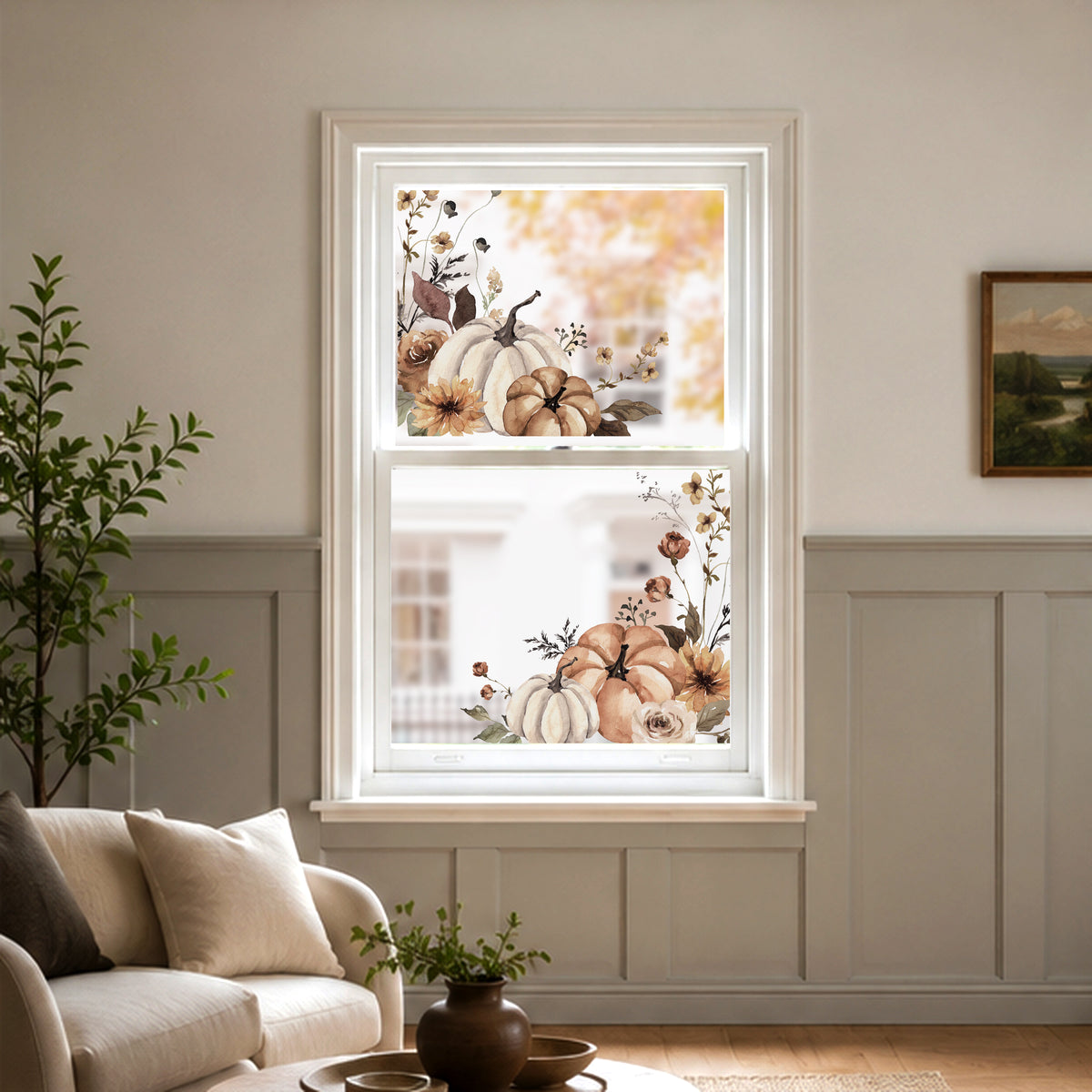 2x Earthy Pumpkin Corner Window Clings for Classy Autumn Decor
