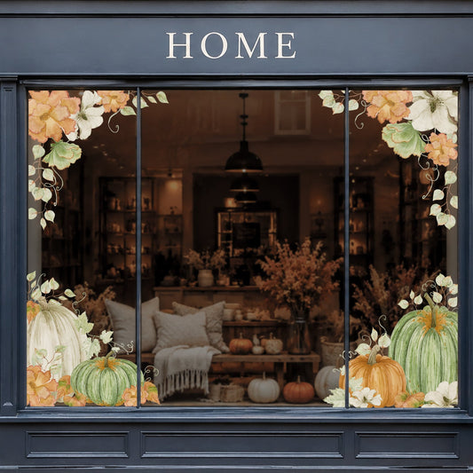 2x Fall Flowers & Pumpkins Corner Window Clings - Autumn Shop Decor
