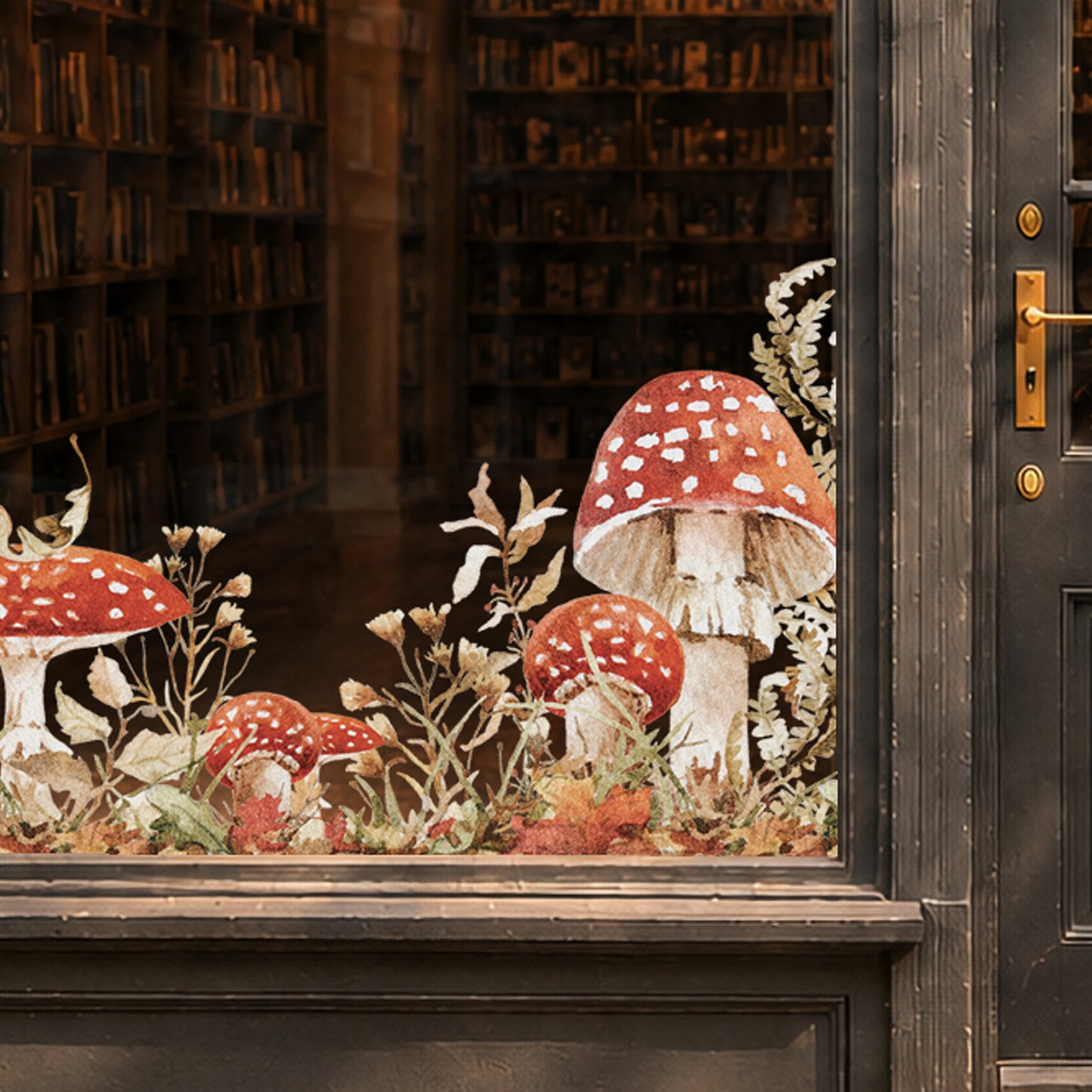 2x Autumn Forest Mushrooms Corner Shop Window Clings for Fall Styling