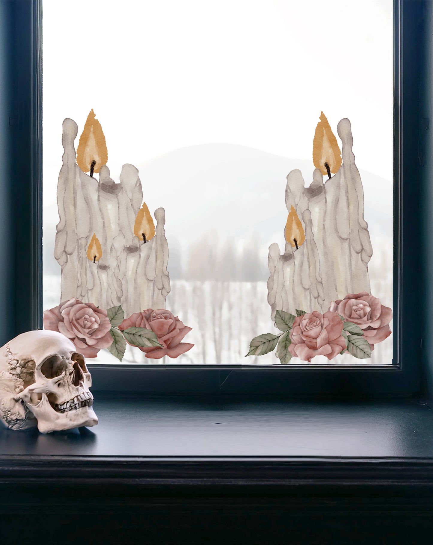 2x Gothic Halloween Rose Candle Corner Window Decals
