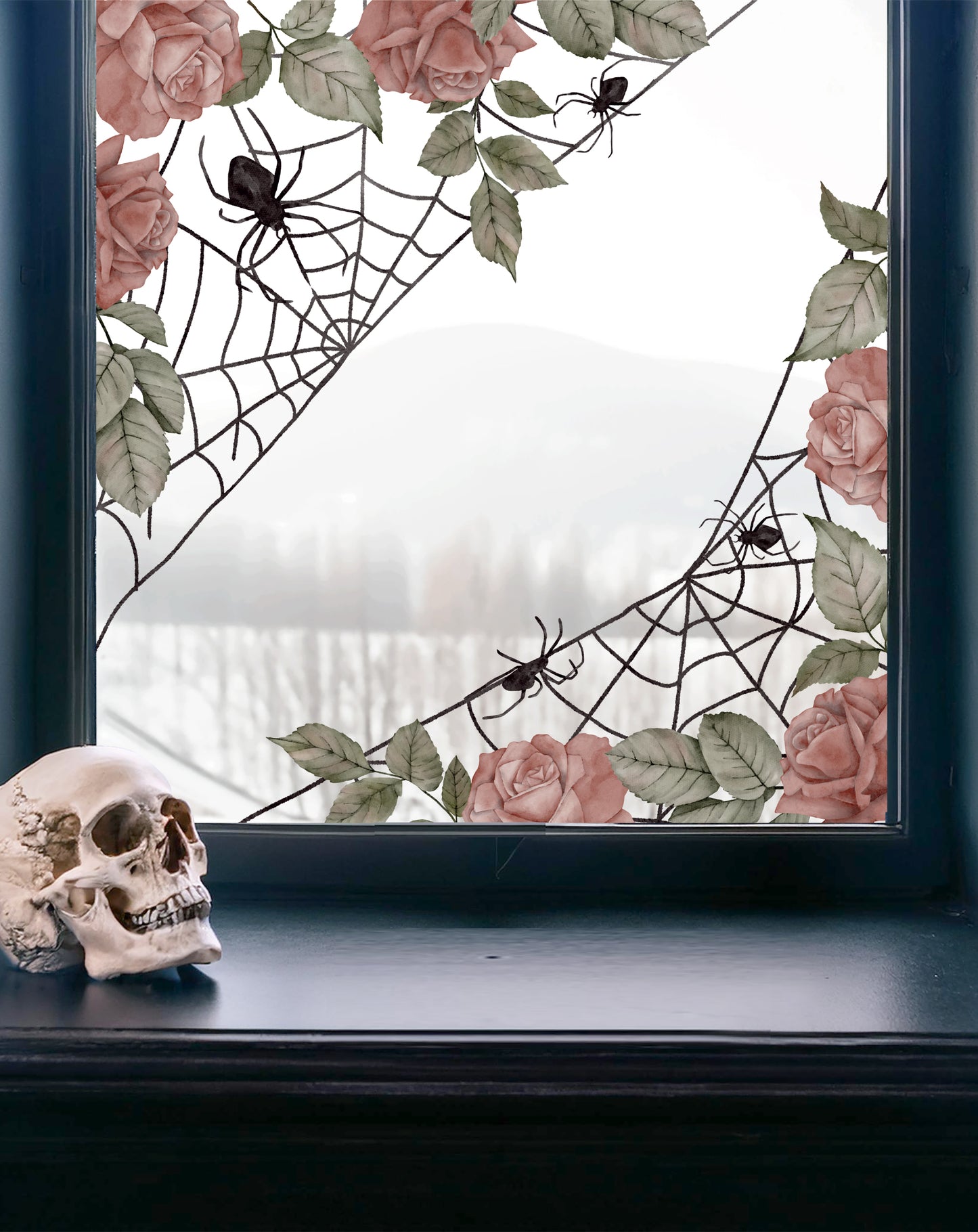 2x Gothic Spider Web and Rose Corner Window Decals
