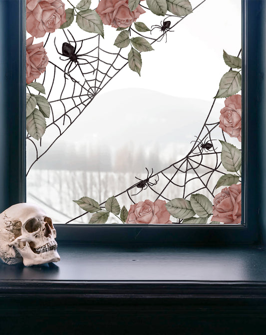 2x Gothic Spider Web and Rose Corner Window Decals
