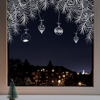2x White Hand Drawn Bauble and Pine Branch Window Decal Corners