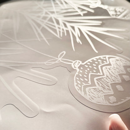 2x White Hand Drawn Bauble and Pine Branch Window Decal Corners