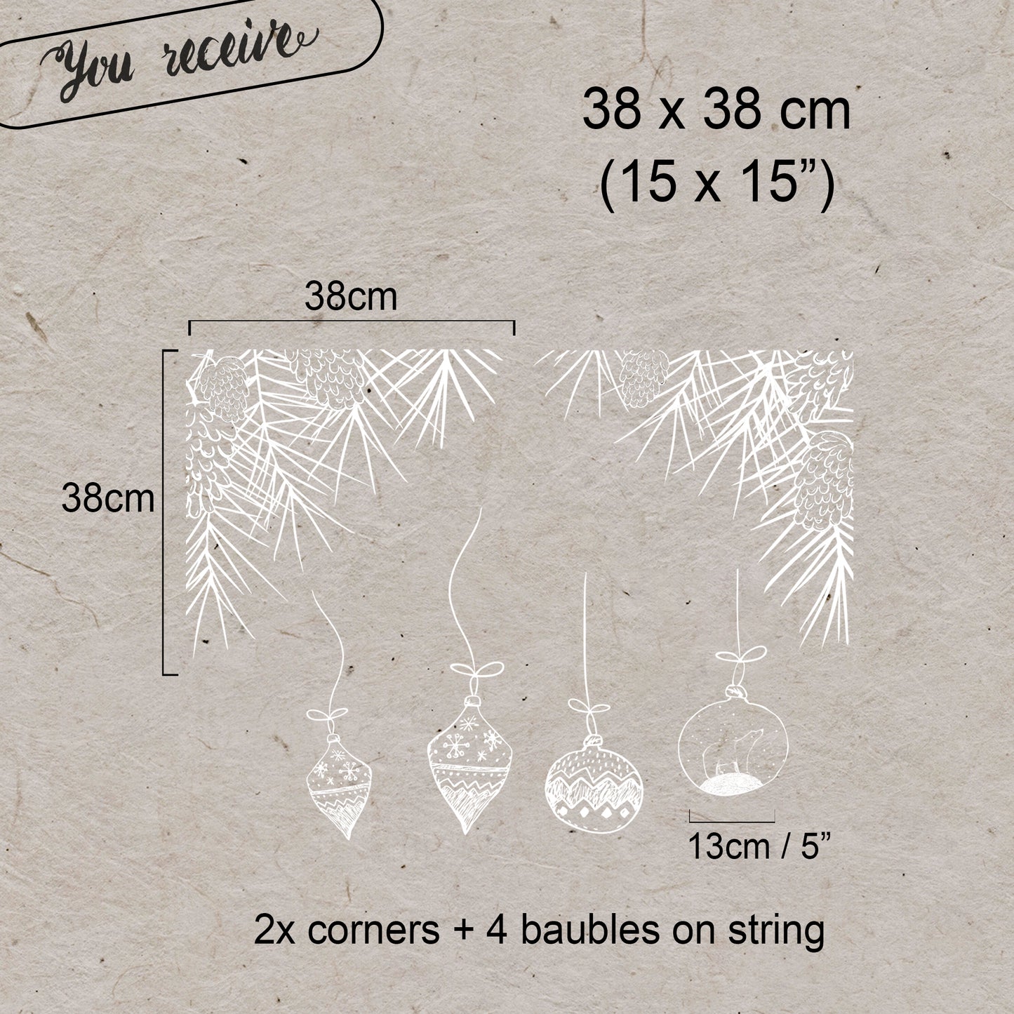 2x White Hand Drawn Bauble and Pine Branch Window Decal Corners