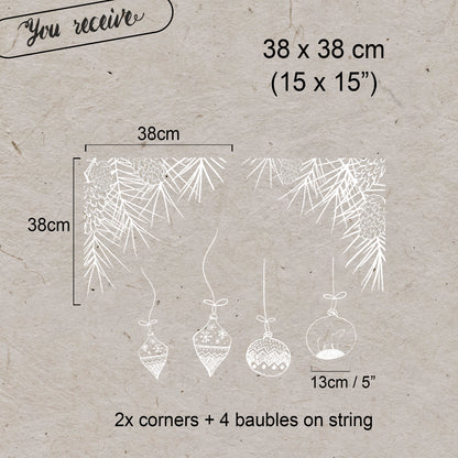 2x White Hand Drawn Bauble and Pine Branch Window Decal Corners