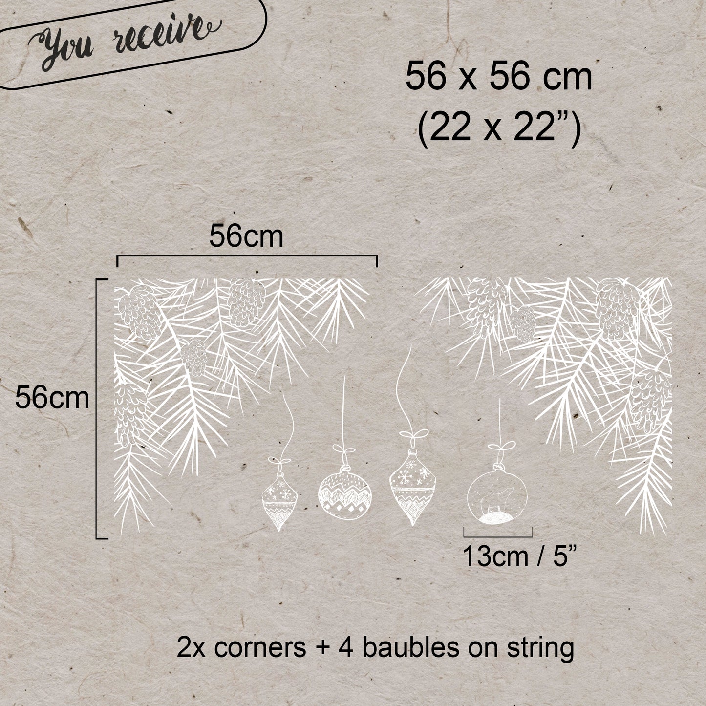 2x White Hand Drawn Bauble and Pine Branch Window Decal Corners