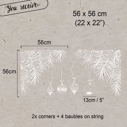 2x White Hand Drawn Bauble and Pine Branch Window Decal Corners