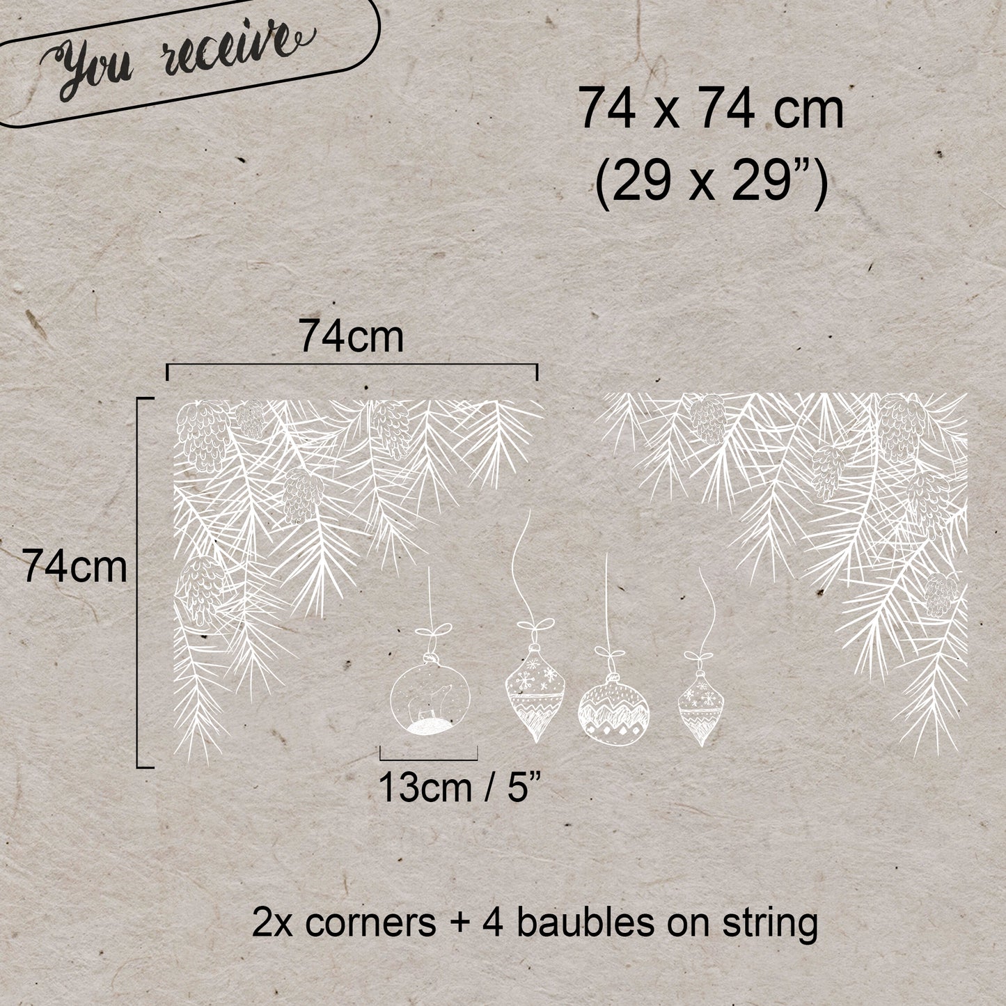 2x White Hand Drawn Bauble and Pine Branch Window Decal Corners