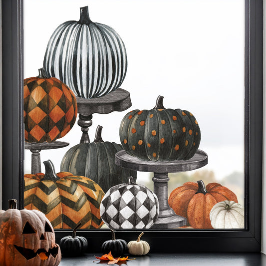 2pk Halloween Pumpkins on Pedestals Window Decal Corners