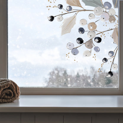 2x Winter Holly Corner Window Clings - Reusable Christmas Decoration