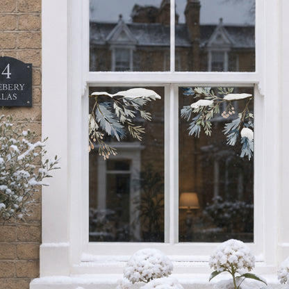 2x Snowy Winter Leaf Corner Window Clings - Reusable Christmas Decoration
