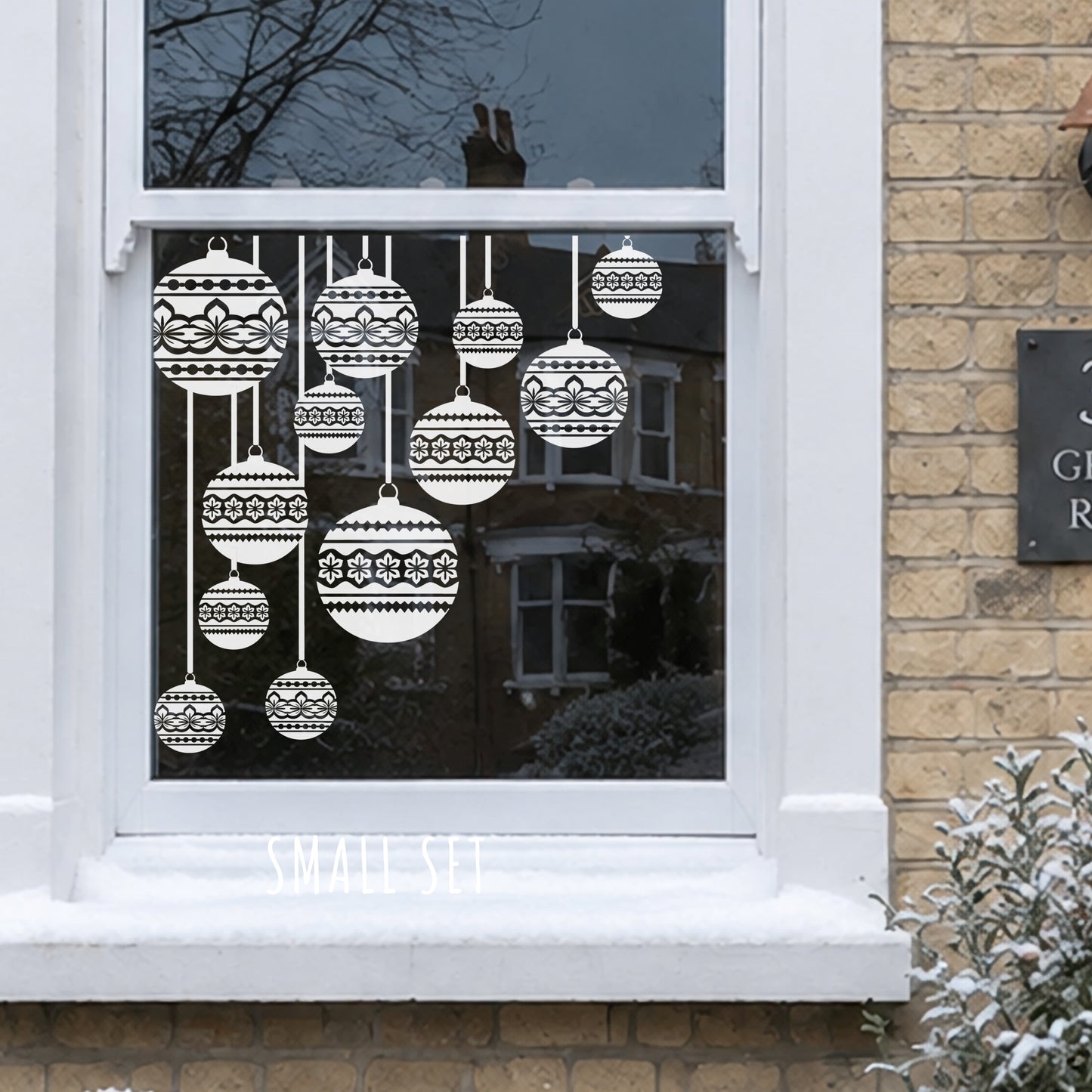 2x White Nordic Baubles Corner Window Clings - Reusable Decor for Christmas