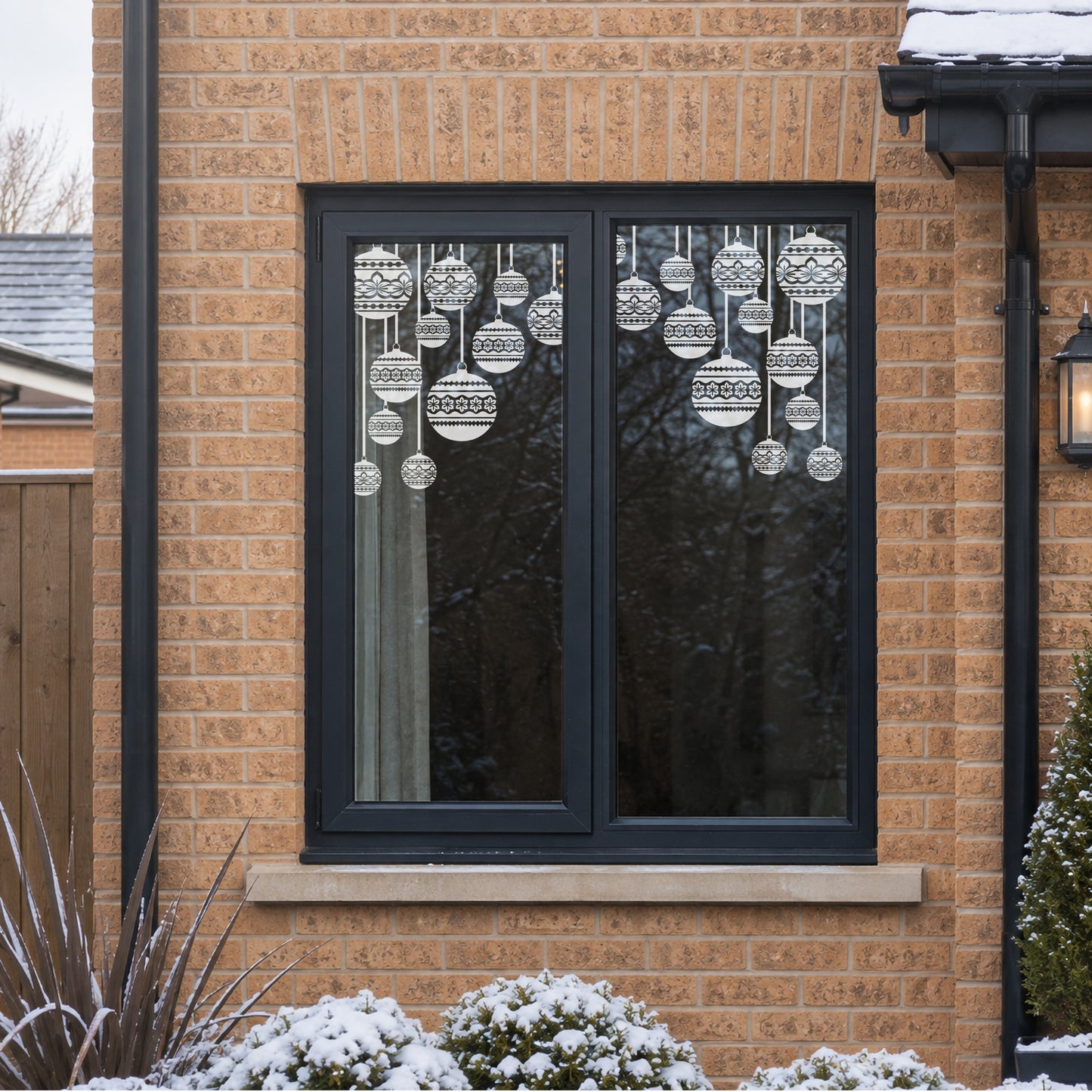 2x White Nordic Baubles Corner Window Clings - Reusable Decor for Christmas