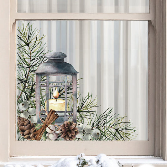 2x Christmas Pine Lantern Corner Window Decals