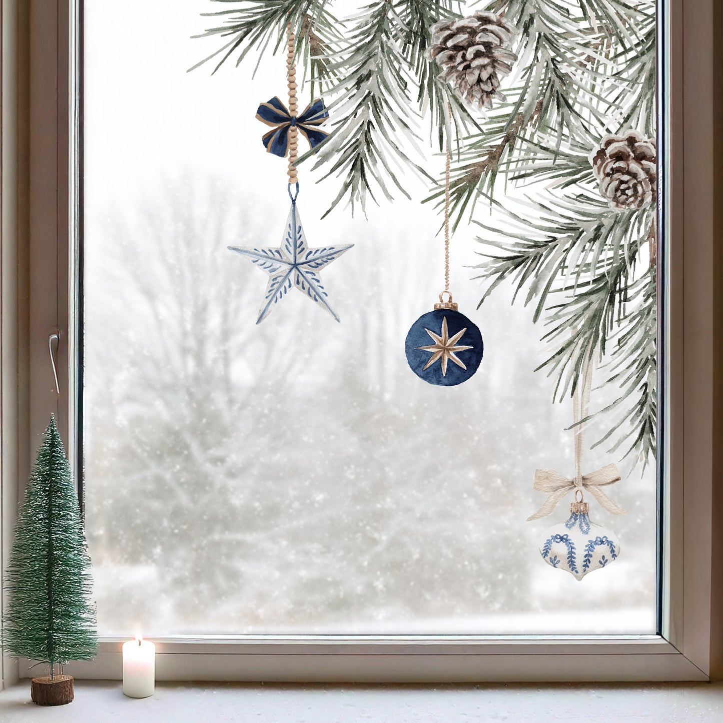 2x Blue Baubles + Pine Corner Window Clings - Reusable Decor for Christmas