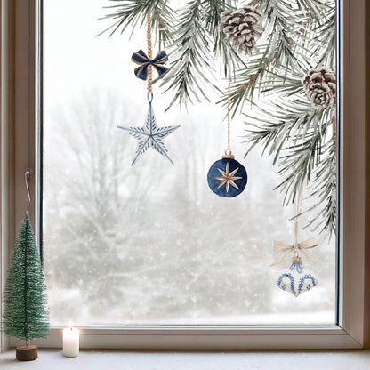 2x Blue Baubles + Pine Corner Window Clings - Reusable Decor for Christmas