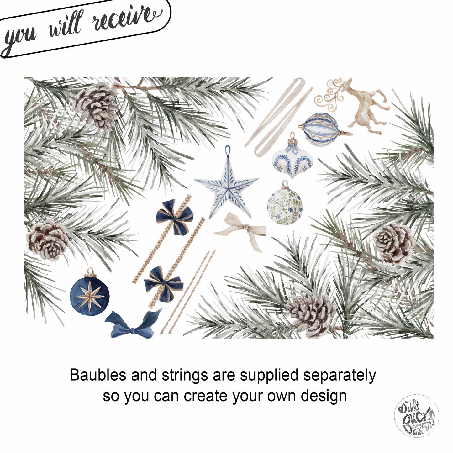 2x Blue Baubles + Pine Corner Window Clings - Reusable Decor for Christmas