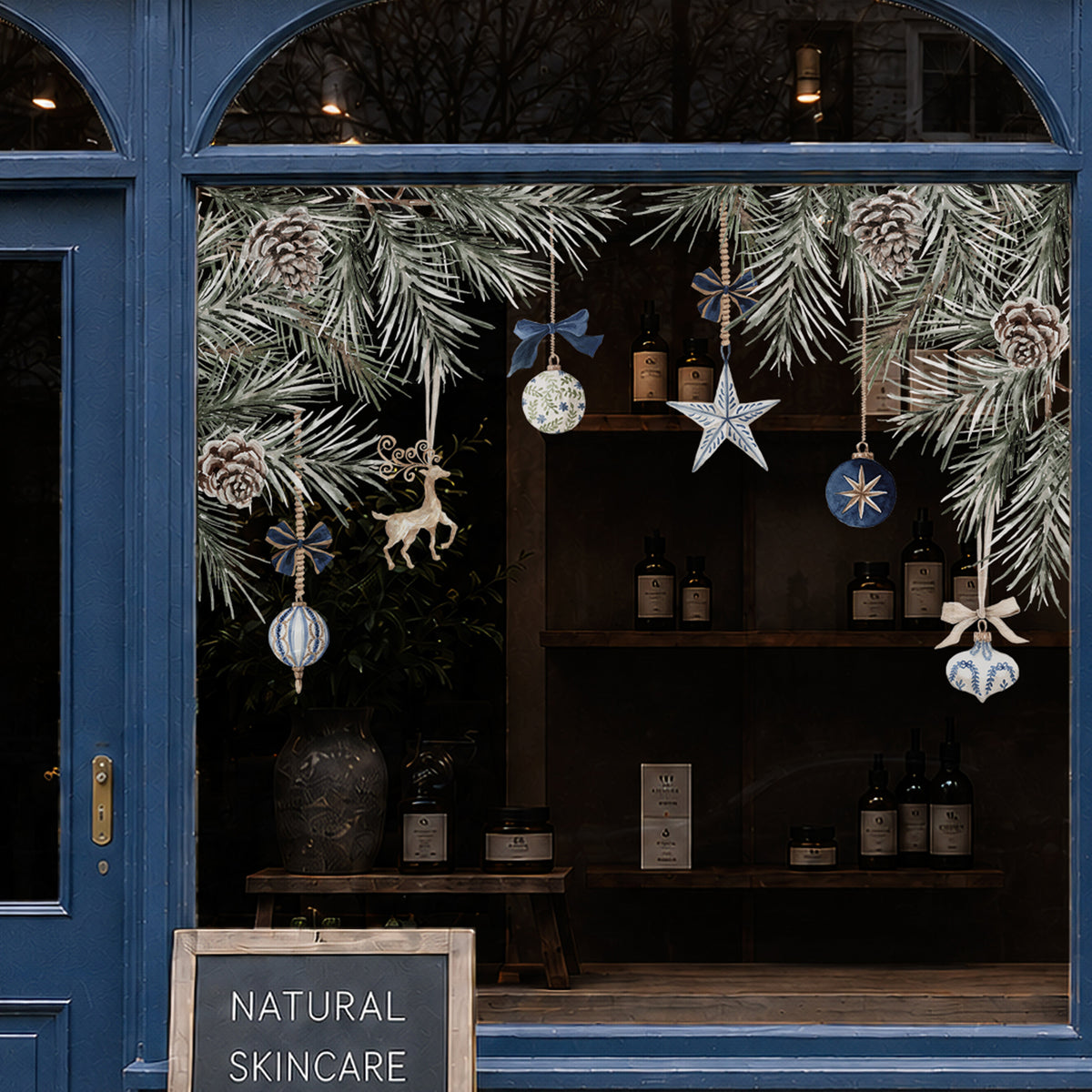 2x Blue Baubles + Pine Corner Window Clings - Reusable Decor for Christmas