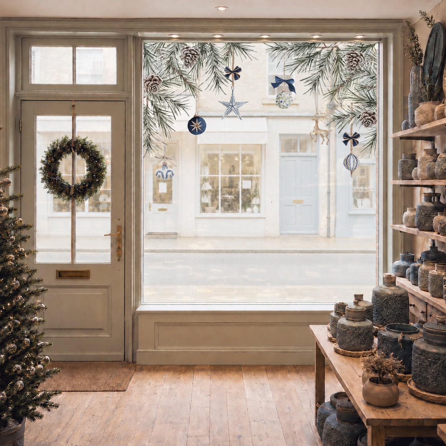 2x Blue Baubles + Pine Corner Window Clings - Reusable Decor for Christmas
