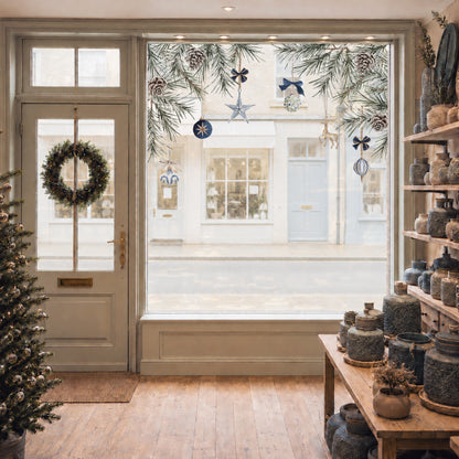 2x Blue Baubles + Pine Corner Window Clings - Reusable Decor for Christmas