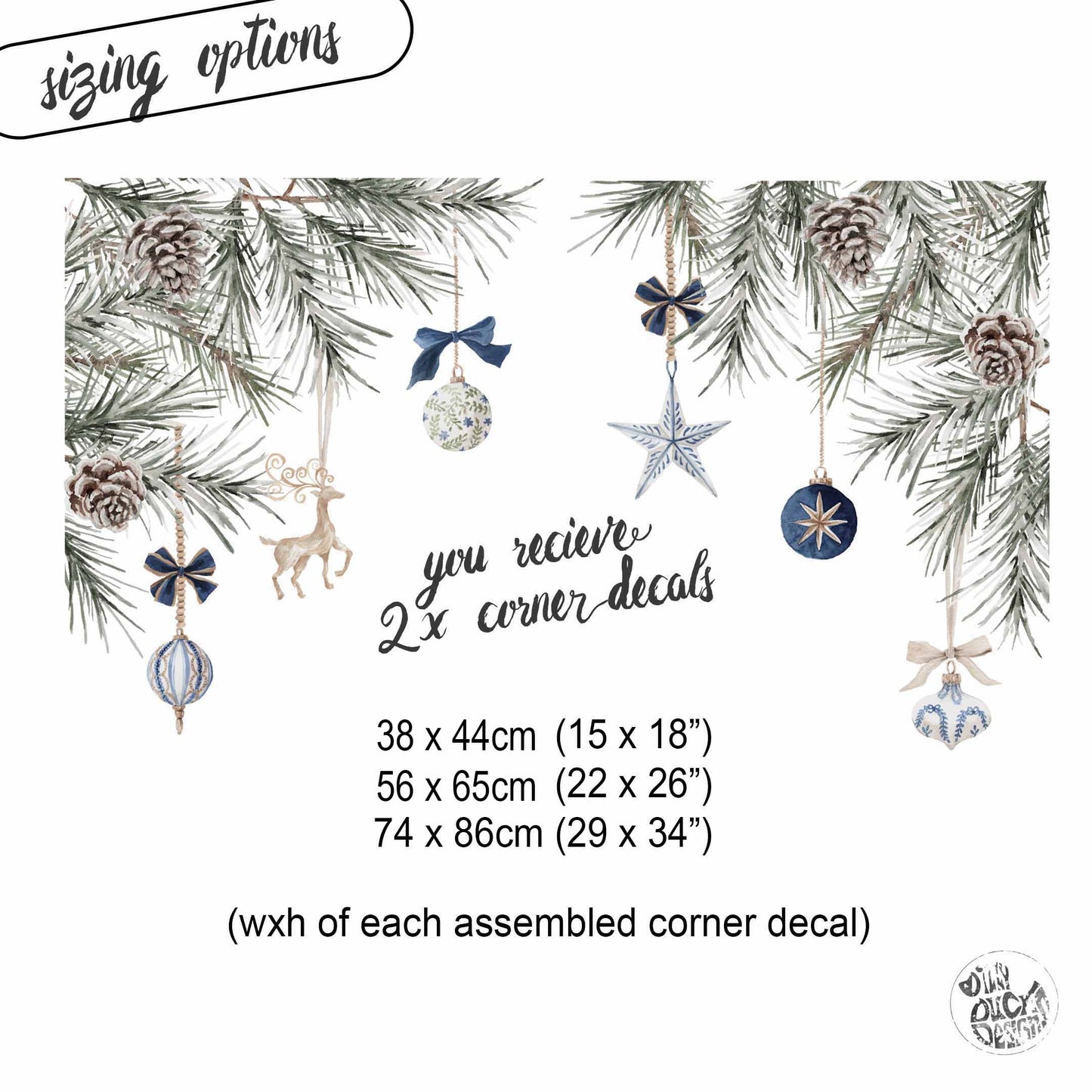 2x Blue Baubles + Pine Corner Window Clings - Reusable Decor for Christmas