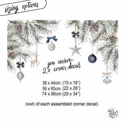 2x Blue Baubles + Pine Corner Window Clings - Reusable Decor for Christmas