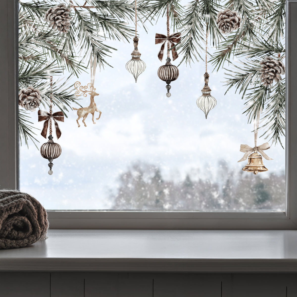 2x Brown Velvet Baubles & Pine Corner Window Clings - Reusable Decor for Christmas