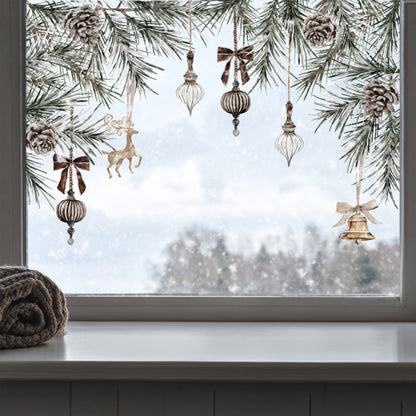 2x Brown Velvet Baubles & Pine Corner Window Clings - Reusable Decor for Christmas