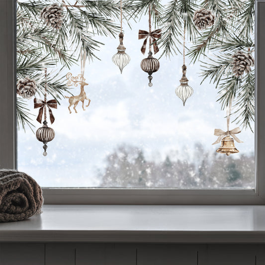 2x Brown Velvet Baubles & Pine Corner Window Clings - Reusable Decor for Christmas