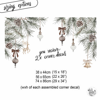 2x Pine Bauble Corner Window Clings - Reusable Decor for Christmas