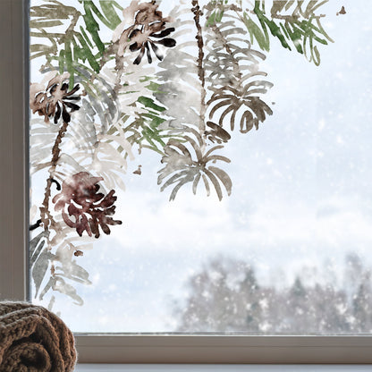2x Winter Pine Corner Window Decor - Reusable Clings for Christmas
