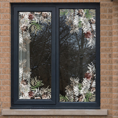 2x Winter Pine Corner Window Decor - Reusable Clings for Christmas