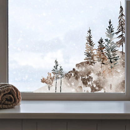 2x Winter Mountains Corner Window Decor - Reusable Clings for Christmas