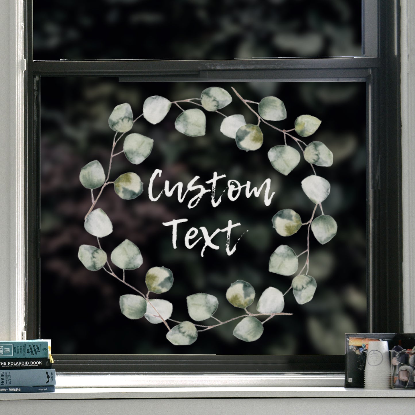 Custom Text Eucalyptus Wreath Window Decal