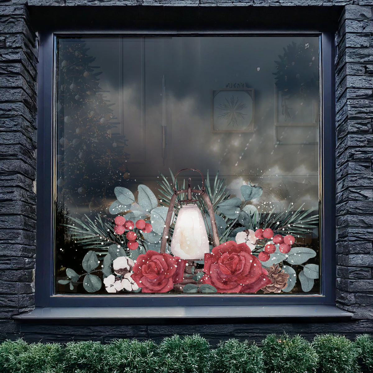 Winter Rose Lantern Window Clings for Christmas Decoration
