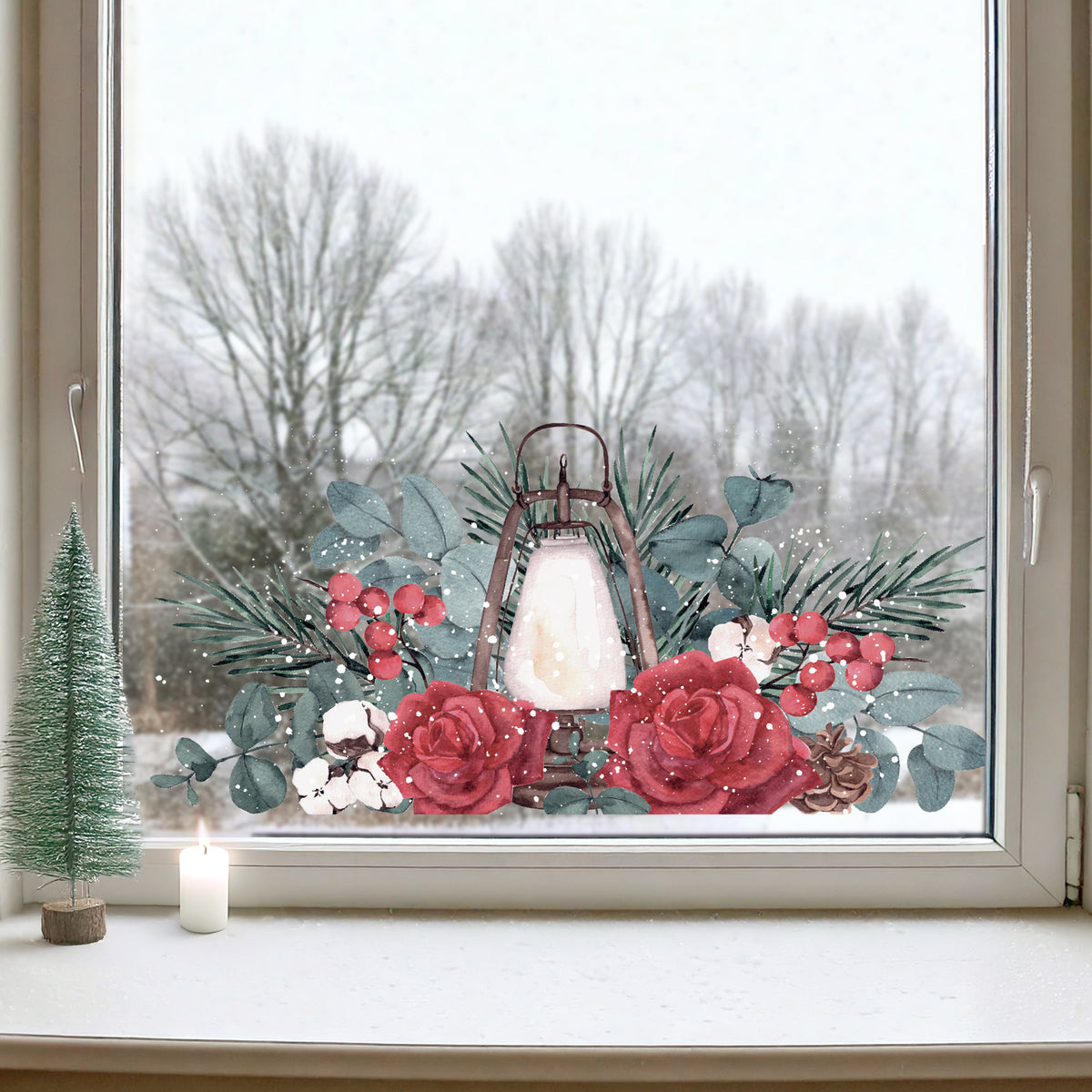 Winter Rose Lantern Window Clings for Christmas Decoration