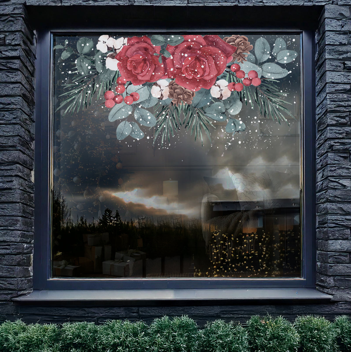 Winter Rose Lantern Window Clings for Christmas Decoration