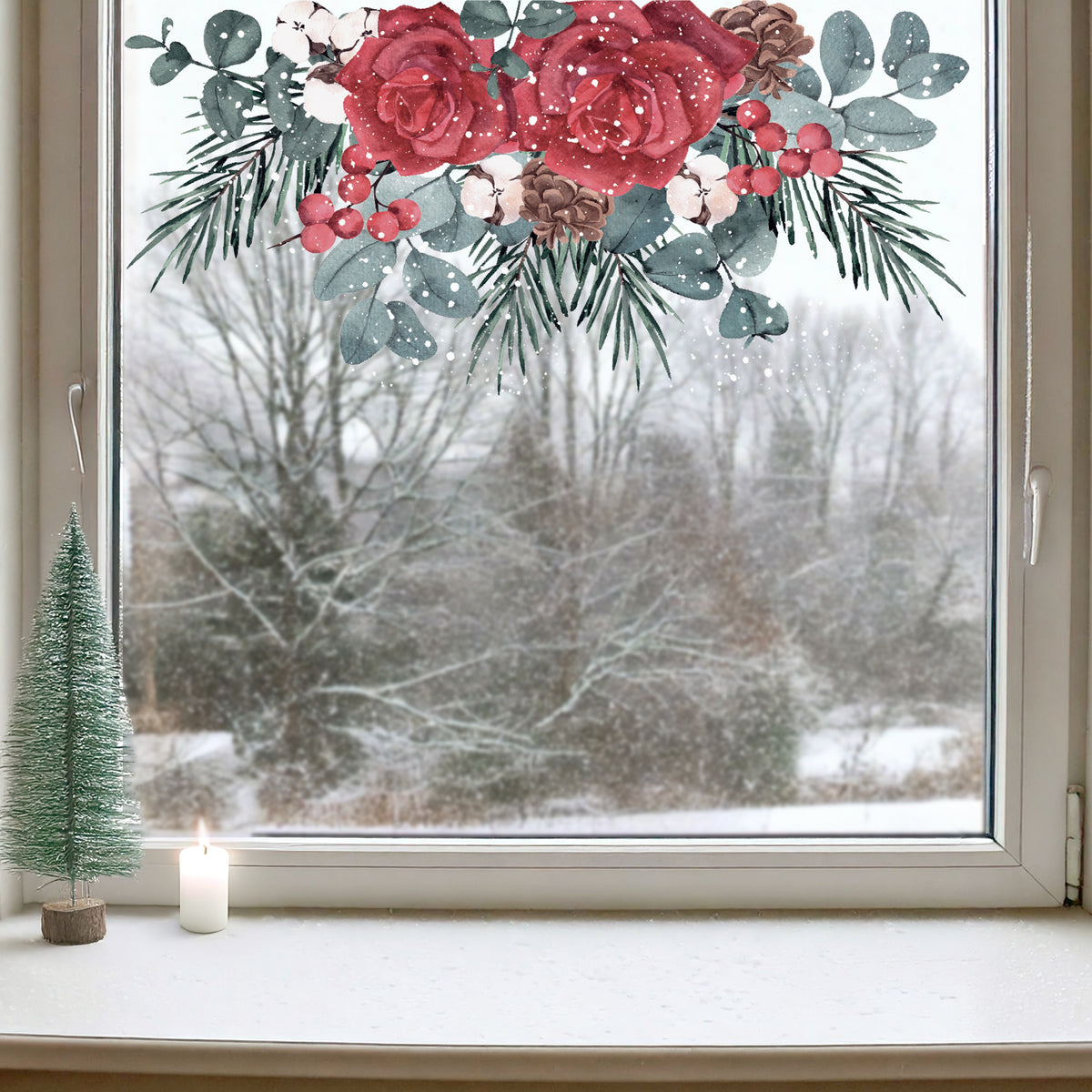 Winter Rose Lantern Window Clings for Christmas Decoration