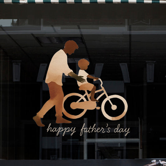 Father's Day Shop Front Window Decal - Neutral Boho Watercolour Dad & Boy Riding Bike